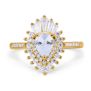 14K Yellow Gold Pear Engagement Ring Baguette Simulated Cubic Zirconia Size-7